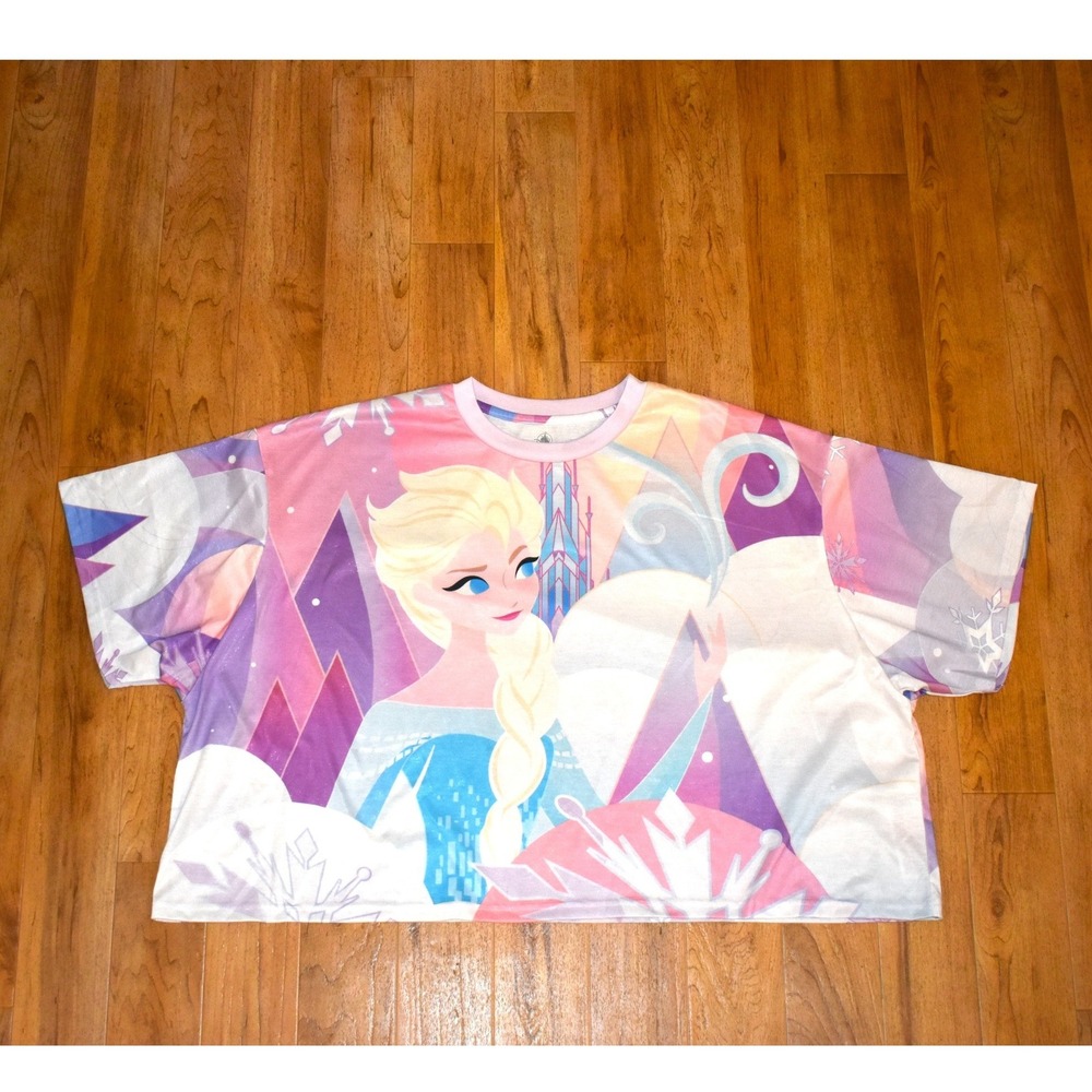 Disney Parks Elsa Frozen T-Shirt‎ Women 3X Pink Blue All Over Print Crop Top